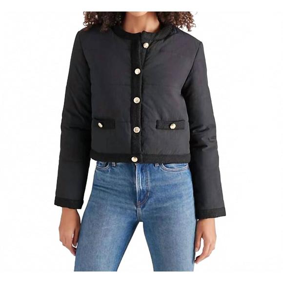 NEW STEVE MADDEN coppelia tweed-trim puffer jacket in black - Picture 1 of 2